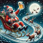DALL·E 2023-12-24 10.06.30 - A whimsical and humorous scene of Santa Claus, slightly inebriated, flying his reindeer sleigh in a zigzag pattern through the night sky. Santa, with .png